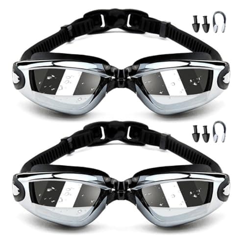 Image of Blazyo Swimming Goggles Pack of 2, Electroplated Anti Fog Leak Proof Swim Goggles for Men Adults, UV Protection Crystal Clear Vision with Free Protection Case, Nose Clip and Earplugs