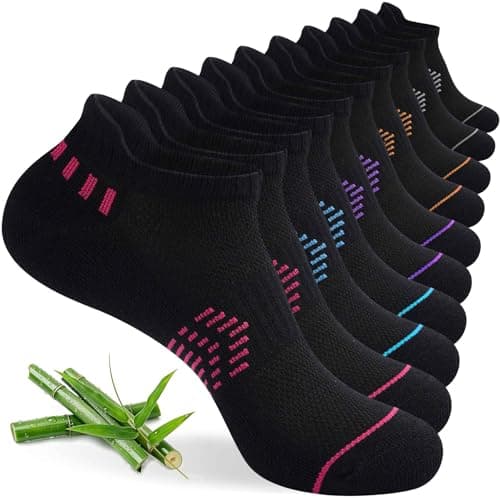 Image of Caldodo Bamboo Trainer Running Socks Womens, Black Cushioned Ankle Socks, Breathable Sports Walking Sock for Ladies, Anti Blister Seamless Short Sock Summer, 5 Pairs, 3-5