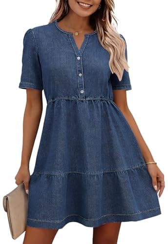 Image of Ancapelion Denim Dress for Women Babydoll Short Sleeve Button Down Jean Shirt Dresses Summer Cotton Casual Dresses Dark Blue M