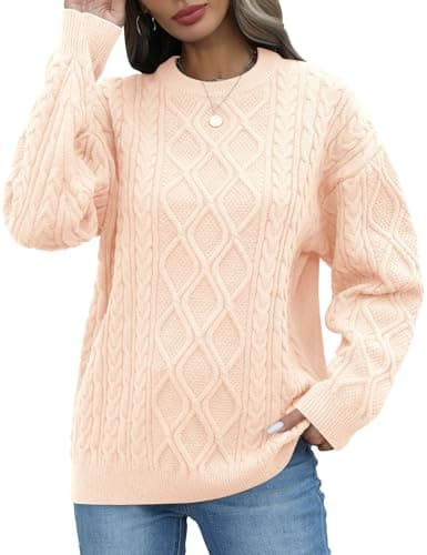 Image of CMTOP Women's Jumpers Winter Casual Oversized Crew Neck Knit Sweaters Ladies Warm Long Sleeve Loose Chunky Cable Jumper Pullover Knitwear Tops Beige