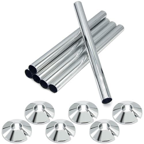 Image of 6 Pcs Radiator Pipe Covers and Collars - 15mm x 200mm and 16mm Silver Covers for Heating Pipes (Silver)