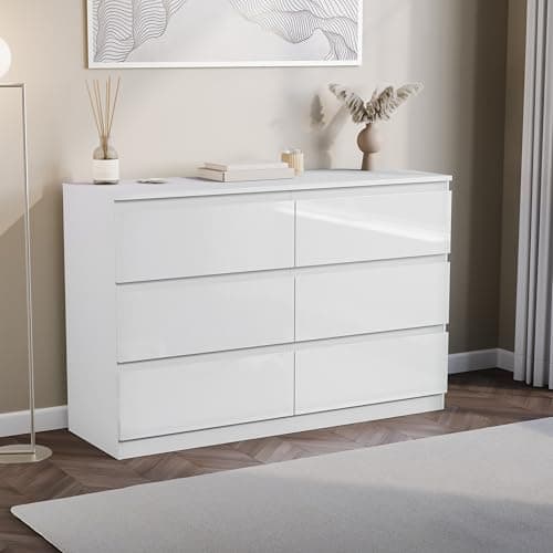 Image of Vida Designs Glinton High Gloss Chest of Drawer, 100% FSC Certified Chest of Drawers for Clothes - Closet Organizers and Storage Cabinet for Hallway, Entryway (White, 6 Drawer)