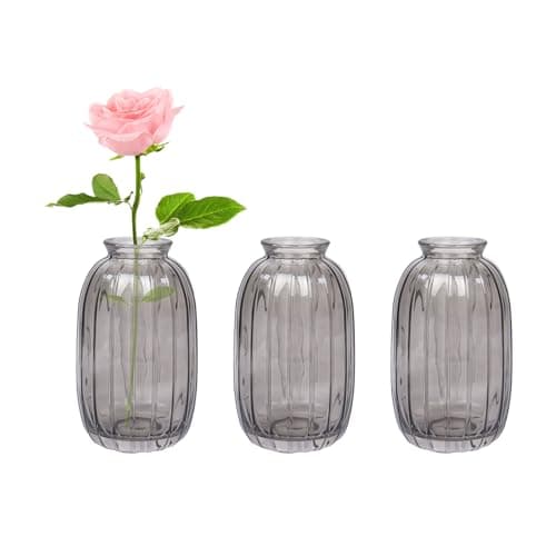 Image of Set of 3 Glass Bud Vases for Flowers, Ribbed Small Vase Decorative Flower Vase Wedding Centerpiece Table Decoraitons(Grey)