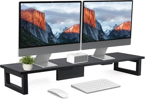 Image of M.J COMFY-LIFE Dual Monitor Stand, 91x26cm Desks Shelf, Double Monitor Riser for Laptop PC Computer Screen Monitor Stand Desktop Organiser for Working (White)