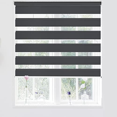 Image of Kokorona Day and Night Zebra Roller Blinds, Dual Layer Fabric Zebra Window Blinds for Bedroom, Light Filtering Privacy Day Night Blinds, 60cm Wide x 150cm Length, Dark Grey