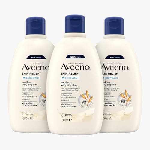 Image of Aveeno Skin Relief Moisturising Body Wash Bundle (3x 500ml), Gentle Cleansing Wash with Soothing Triple Oat Complex, Soap-Free, Unscented for Sensitive and Very Dry Skin