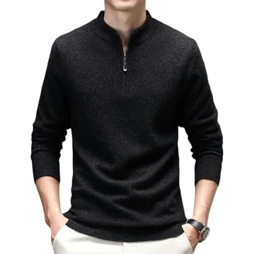 Image of JUWTEEI Men's Turtleneck Jumpers Men's 1 4 Zip Thickened Mock Neck Knitted Sweater For Middle-aged In Autumn & Winter-black Grey-xl