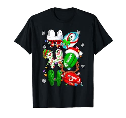 Image of Christmas Ho Ho Ho Rugby Lover Santa Reindeer Elf Xmas T-Shirt
