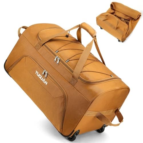 Image of TUGUAN 110L Soft Luggage with Spinner Wheels, Foldable Large Rolling Travel Suitcase, Carry-On Check Luggage, 28'' Collapsible Wheeled Holdall for House Moving, Storage Duffle, Brown
