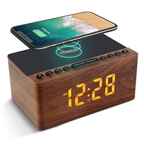 Image of ANJANK Bedside Wooden FM Radio Alarm Clock,Super Fast Wireless Charger Station for Iphone/Samsung Galaxy,USB Charging Port, 5 Level Digital Dimmable Led Display,Mains Powered with Backup Battery