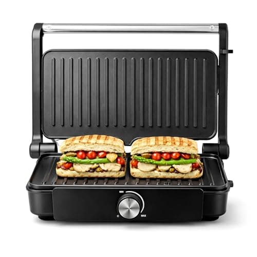 Image of Electric Contact Grill Panini Press 1200W Sandwich Toaster, Non-Stick Teflon Plates, Adjustable Temperature Control, 180° Open Flat BBQ Grill Maker for Paninis, Toasties, Burgers & Veg