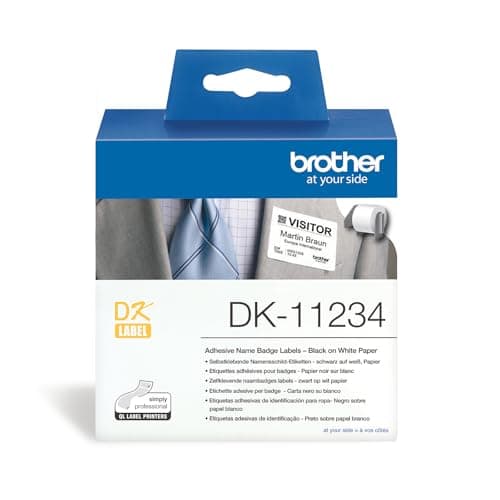Image of Brother DK-11234 Label Roll, Name Badge Labels, Black on White, 260 Labels, 86 mm (W) x 60 mm (L), Brother Genuine Supplies