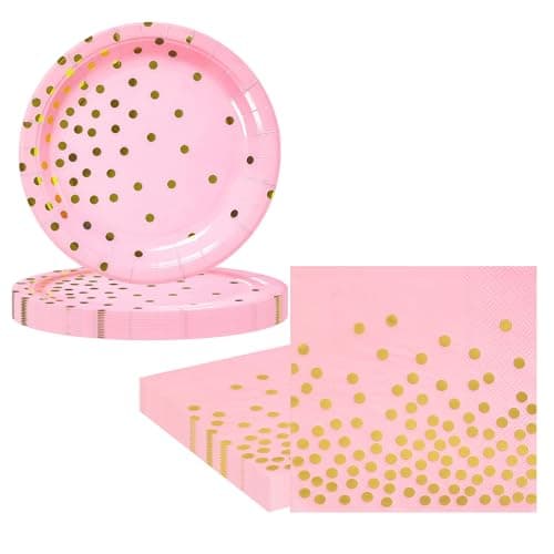 Image of 20Pcs Pink Gold Paper Plates and Napkins Party Tableware Set,Scalloped Dot Birthday Paper Dessert Cake Plates Serviettes Disposable Tableware Set for Her Him Girls Women Baby Shower Table Decor