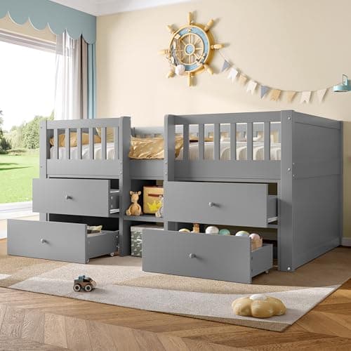 Image of BTM 3ft Kids Single Bed with Drawer Storage, Solid Wood Children's Low Loft Bed with Guardrail, Mid Sleeper Grey (No Mattress)