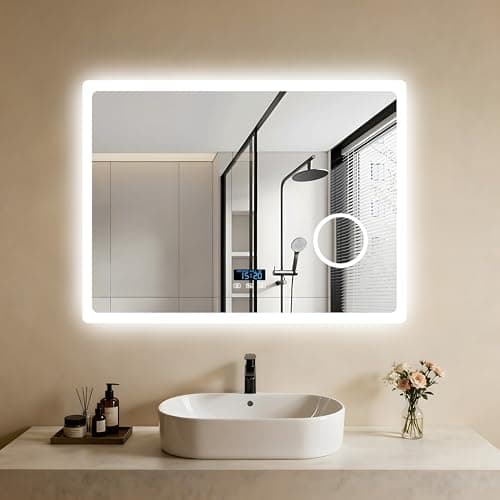 Image of LUVODI Bathroom Mirror with LED Light: 800x600mm Wall Illuminated Mirror with Bluetooth Dimmable 3 Colours Lighting, 3X Magnifier Anti-fog Smart Display Memory Function