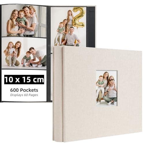 Image of Remowith Photo Albums 6x4, Holds 600 Pockets 10x15cm Landscape and Portrait Photos, Large Capacity Photo Book, Fabric Album Cover for Family, Wedding, Travel & Baby Memory Archives, Off-White