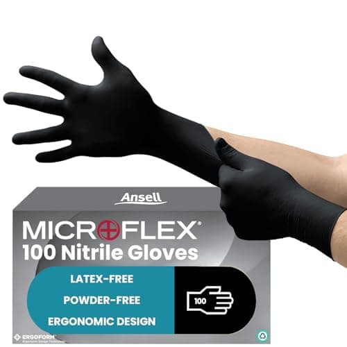 Image of Ansell MicroFlex 93-852 Disposable Gloves, Latex and Powder-Free, Food Certified, Chemical and Mechanical Protection, Multipurpose Professional, Black Size M (100 Pieces)