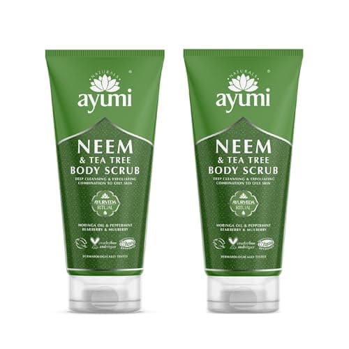 Image of Ayumi Exfoliating Body Scrub with Neem | Tea Tree Oil Scrub for Oily Skin | Back Acne Treatment with Neem Scrub | Nettle Leaf to Soothe Itching | Body Scrub for Women & Mens Skincare Rituals |2x200 ml