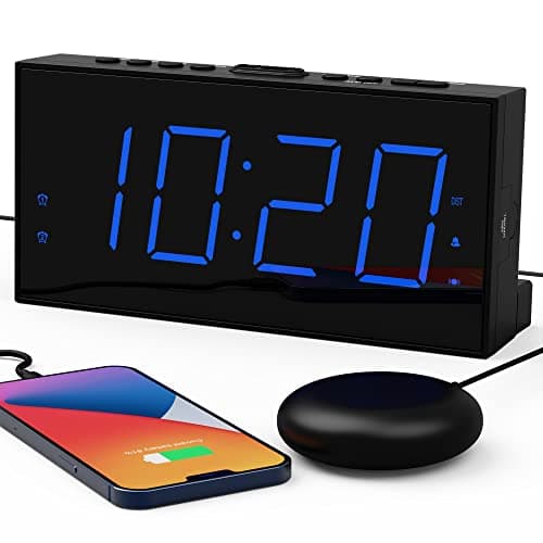Image of ROCAM Loud Alarm Clock with Bed Shaker for Heavy Sleepers, Vibrating Dual Alarm for Hearing-Impaired, Deaf, 7.5'' Screen, 12/24H, DST, Snooze, 5 Dimmer, 5 Volume Levels-Blue