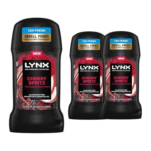 Image of Lynx Fine Fragrance Collection Stick Deodorant for Men Cherry Spritz, Pack of 3, 72 Hours Odour Protection Aluminium-Free Premium Deodorant Stick Infused with Essential Oils, 50 ml