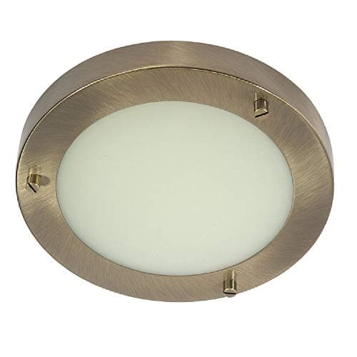Image of Britalia Antique Brass & White Frosted Glass Bathroom Round Flush Ceiling Light 185mm | 1 x G9 Capsule Lamp Bulb Required (Not Included) | IP44 Rated | Suitable for Outdoor Use