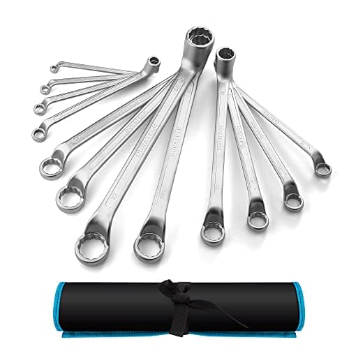 Image of DURATECH 12-Piece Offset Double Ring Spanner Set 6-32 mm, Metric Box End Wrench Set, Chrome Vanadium Steel, Matte Chrome-Plated, DIN 838, 75-Degree Offset, 12-Point, with Carry Pouch