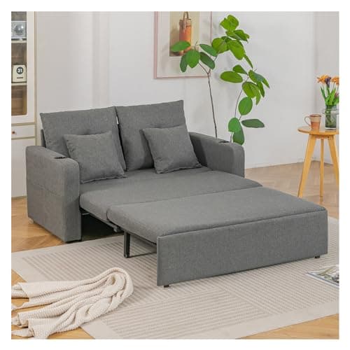 Image of INMOZATA Multi-Functional Convertible Sofa Bed with Cup Holders & Storage Pockets, Linen Fabric Pull Out Sofa Bed with 2 Pillows,180x147cm,for Small Apartment/Dorm (Grey)