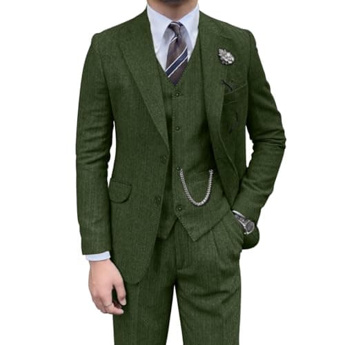 Image of Retro Mens 3 Piece Suit Tweed Herringbone Slim Fit Suits Groomsmen Brown Tuxedos Set Prom Jacket Blazer Vest Pants for Men, Green, XL