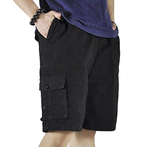 Image of Putaowor Men's Lightweight Cotton Full Elastic Waist Loose Fit Drawstring Workout Washed Cargo Shorts Black 44