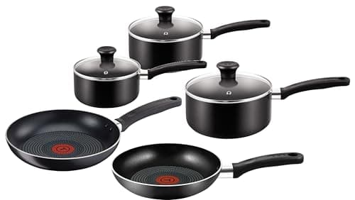 Image of Tefal Essential 5-Piece Non-Stick Cookware Set: 3 Saucepans (16/18/20CM) with Lids, 2 Frying Pans (20/24CM), Compatible with All Hobs Except Induction Black - B472S545
