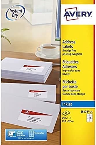 Image of Avery J8173‑25 Address Labels – 250 Self‑Adhesive Labels (99.1 × 57 mm) on 25 A4 Sheets | QuickPEEL™ Inkjet Mailing & Shipping Stickers