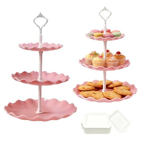 Image of 3 Tiers Cake Display Stand, 2PCS Party Server Plates Stands with 30 Dinner Plates, Reusable Afternoon Tea Stands for Baptism Baby Birth Blue Communion Wedding Graduation(Pink)