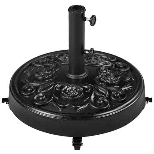 Image of Yaheetech 25 kg Garden Parasol Base with Wheels, Resin Heavy Duty Umbrella Stand Holder, Outdoor Patio Umbrella Base Fits 34/38/48MM Poles with Rose Design Black