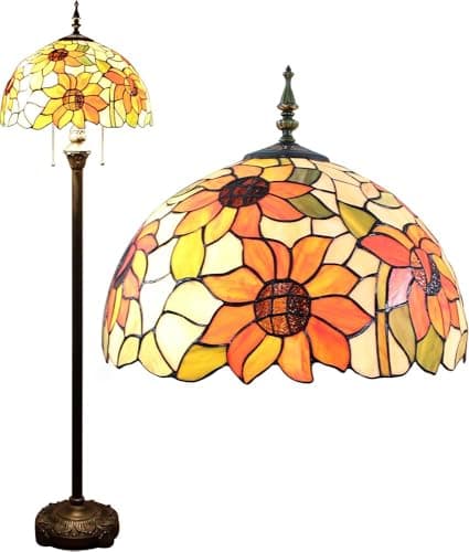 Image of Five Liters 16-Inch Pastoral Sunflower Tiffany Floor Lamp Stained Glass Crystal Lampshade Antique Bedroom Lighting Living Room Lamps Children's Light Reading Lamp, 61" Height