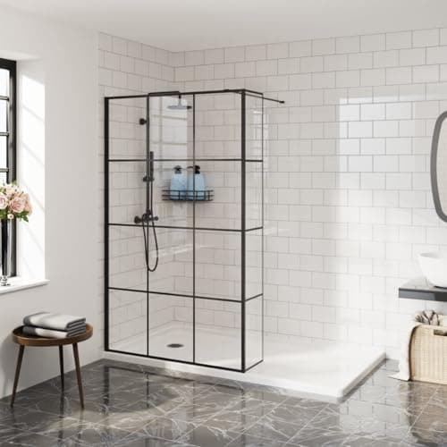 Image of Aquariss 1100mm Walk in Wet Room Shower Enclosure 8mm Clear with Grid Easy Clean Glass Screen Panel with 215mm Return Panel Black Framed