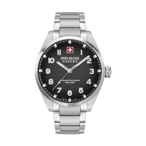 Image of Swiss Military Hanowa SMWGA0001501 Greyhound Men's Watch with Genuine Leather Strap Sapphire Glass, Silver/Black, Standard Size, Bracelet