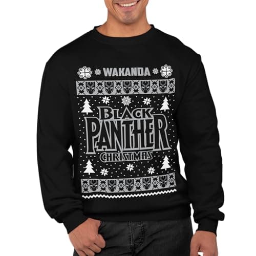 Image of Graphic Impact Inspired Panther Animal Ugly Christmas Jumper Printed Christmas Trees Sweatshirt Adults Unisex Sweater Christmas Jumper (Black, Large)
