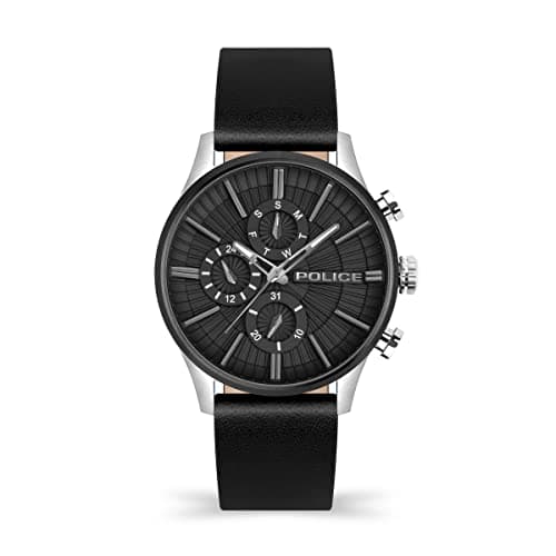 Image of Police Barter Mens Multifunction Watch with Black Dial and Black Leather Strap, 44mm Stainless Steel Case in Branded Watch Box PEWJF2195040-2 Year Warranty