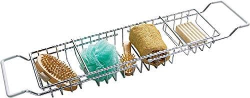 Image of Optimal Products Extendable Bath Tub Rack Bridge Storage Tray Caddy White End Coating Scratch proof Chrome Finish