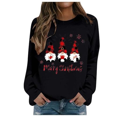 Image of Christmas Jumpers For Women Novelty Christmas Tree Gonk Elf Gnome Doll Print Xmas Sweatshirts Casual Loose Round Neck Fit Tunic Pullover Fleece Sweater Blouse Comfortable Warm Hoodies (H1-Black, XXXL)
