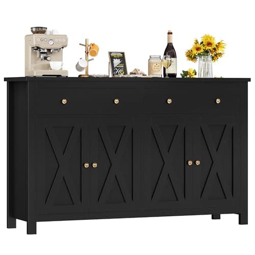 Image of FirFurd 140cm Sideboard Black Kitchen Sideboard Storage Cabinet Large Kitchen Cabinet Cupboard with Adjustable Shelves 4 Doors 2 Drawers for Living Room Dining Room Furniture 140x40x89cm