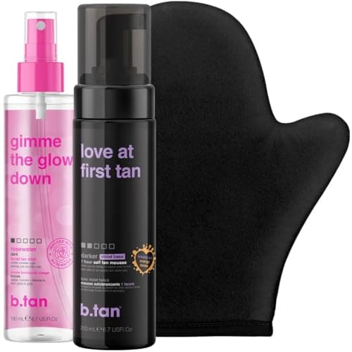 Image of b.tan Violet Self Tanning & Face Mist Gift Set | Lovers Kit - Best Express Fake Tan w/Mitt Applicator, Gradual Face Tan Spray, 1 Hour Dark Face & Body Tanner Mousse, Instant Results, 200ml