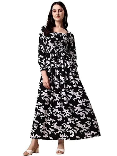 Image of Sheetal Associates Women's Black Crepe Floral Printed Ankle Length Dress, XXL Size