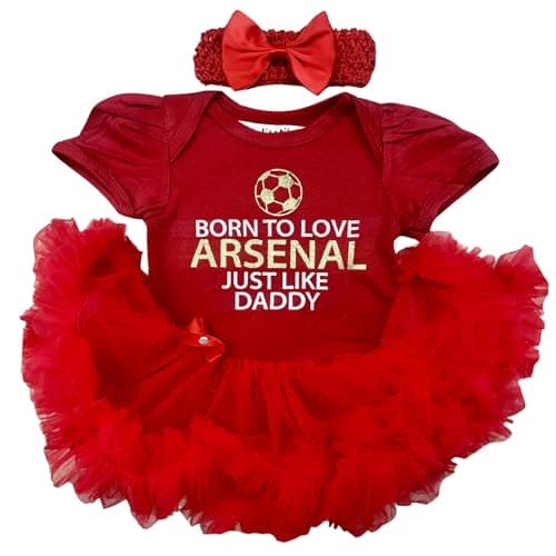 Image of Little Secrets Clothing Baby Girl's Born to Love Football Red Tutu Romper with Headband, Newborn Baby Personalised Arsenal Football Daddy's Girl Dress, 6-12 Months