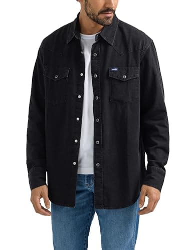 Image of Wrangler Men's Iconic Regular Fit Snap Shirt Button, Black Denim, Large