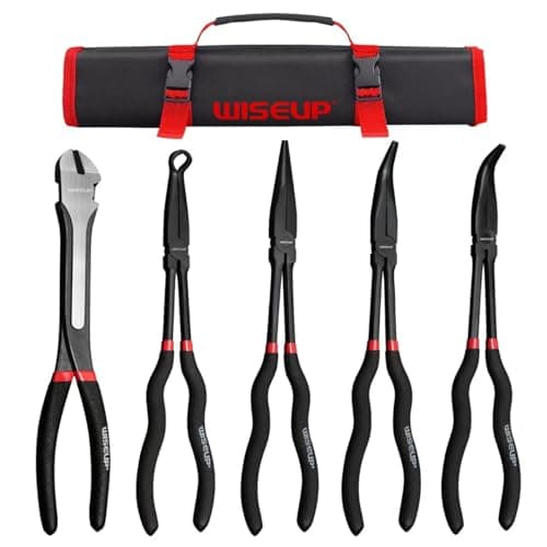 Image of WISEUP 5 Piece Long Nose Pliers Set, Premium Carbon Steel, 11 Inch Long Reach, Straight, 45° Bent Nose, 90° Bent Long Nose Pliers, Side Cutters for Tight Spaces