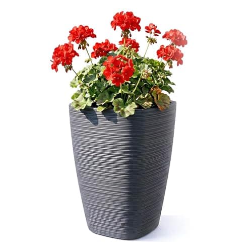 Image of GEEZY Dark Grey Tall Square Ribbed Plant Pot with Insert, 43 x 28.9 cm - Weather Resistant Indoor & Outdoor Planter - Modern Flower Pot for Living Room, Garden & Patio