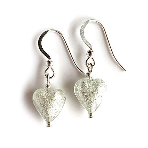 Image of Earrings with clear crystal and white gold Murano glass mini heart drops on Sterling Silver hooks