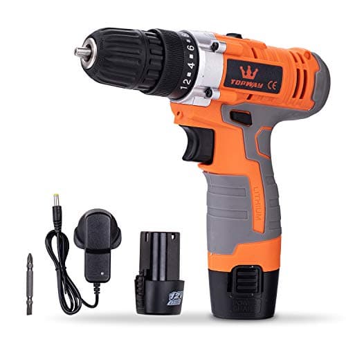 Image of TOPWAY Cordless Impact Drill Driver 12V with 10mm Keyless Chuck, 2 Speed, LED Light and 2 X Lithium Ion Batteries Included, for Wood Cement Concrete Ceiling Brick Wall 102001