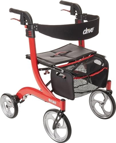 Image of Nitro Rollator Lightweight Folding 4 Wheel Walking Frame Mobility Aid - Choice of Size and Colour (Red, Small)